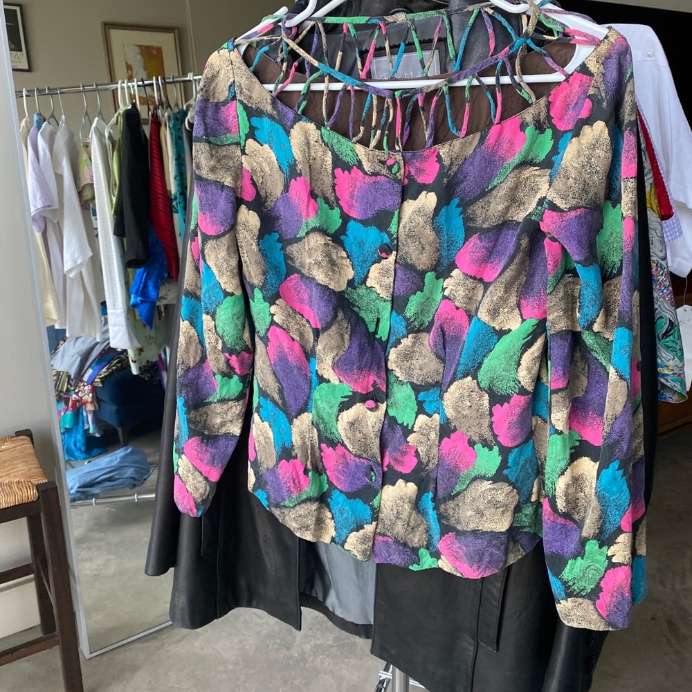 VINTAGE 80s Colorful Abstract Top w/ Cage Neckline